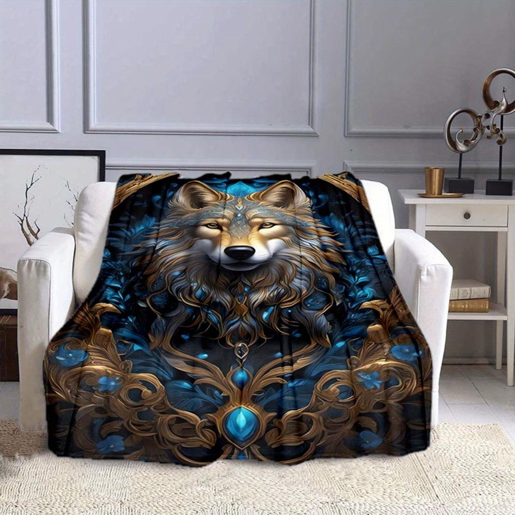 1pc Cozy Wolf Print Blanket Flannel Blanket For Sofa, Bed, Travel, Camping, Living Room, Office, Couch, Chair