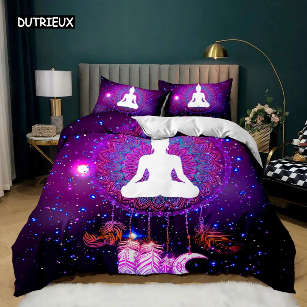 Buddha Duvet Cover Set Indian Art Bohemian Mandala Zen Themed Bedding Set Meditation Buddhist Lotus Floral Polyester Qulit Cover