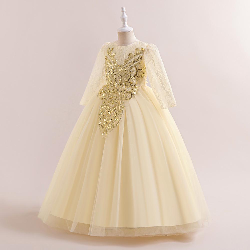 

Girls Sequin Mesh Princess Dress - Long Sleeve Formal Birthday Party Wear for Medium & Large Kids 140cm/9Y шампанского