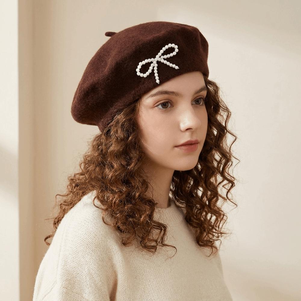 Knitted Bow Beret Solid Color Beanie Cap Streetwear Wool Beret  Street Photography