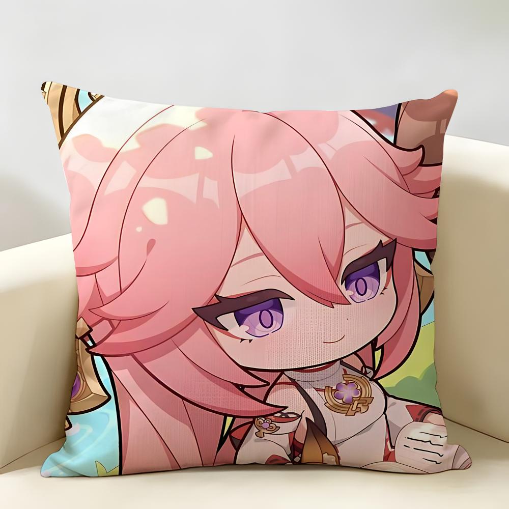 Yae Miko Cute Genshin Impact Cushion Cover Natural Linen Organic Fabric DoubleSided Printing Room Sofa Decor Pillow Case