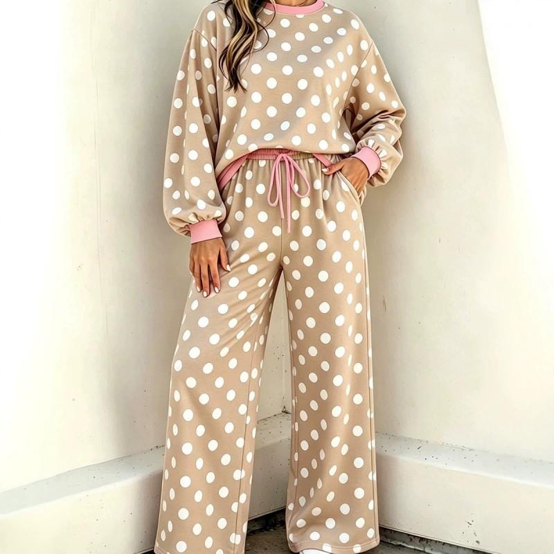 Womens Polka Dot Casual Two-Piece Set With Multiple Pockets Long Sleeve Hoodie Pants Soft Stretch Fabric