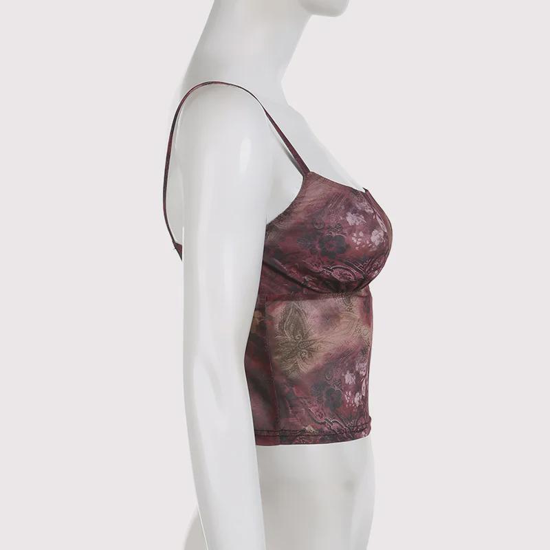 American Street Retro Print Mesh Crop Top Waist-High Vest