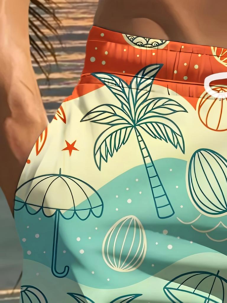Men's fashionable printed beach shorts, 3D printed beach pattern, - casual polyester fiber drawstring waist