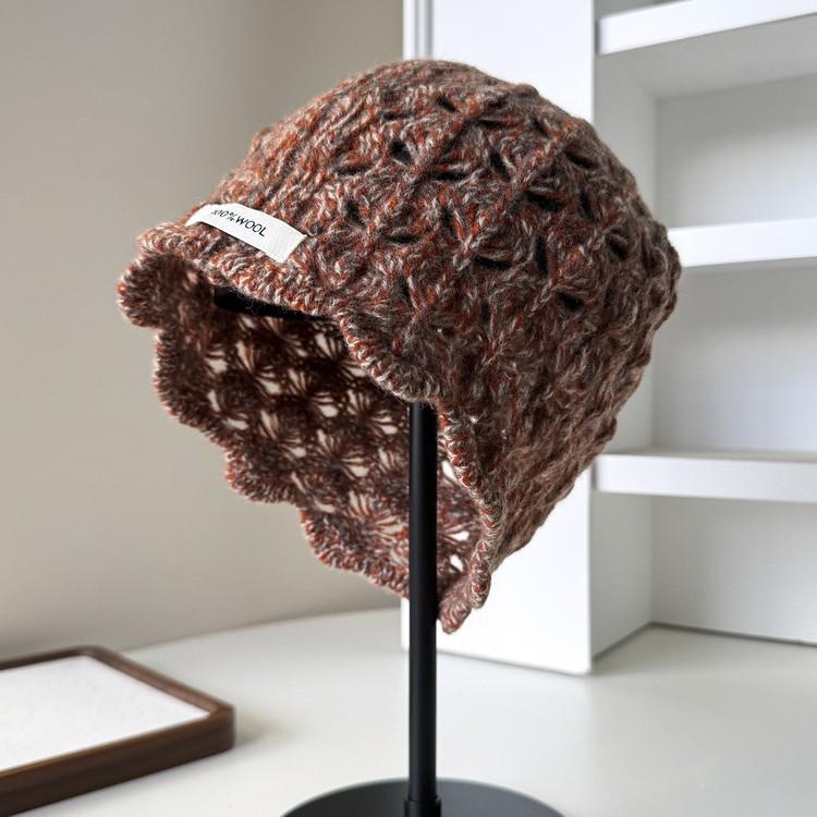 Wool Knitted Baotou Hat Autumn and Winter Warm Cold Hat Fashion Hollow Handmade Crocheted Pullover Hat Fashionable Women's Cold Hat