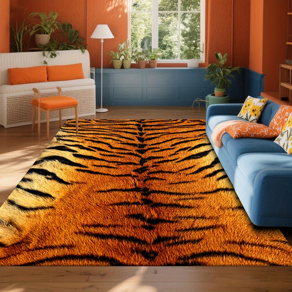 2D Digital Printed Mat - Modern Orange & Black Tiger Stripe Design, Machine Washable Large Area Mat for Living Room, Bedroom, Office, Cafe