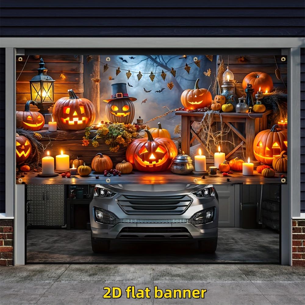 2D Flat Banner 1 Piece Halloween Garage Banner Cute Pumpkin Lantern Background Happy Party Decoration