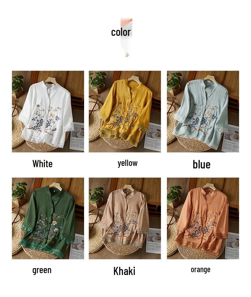 2023 Letní Luxusní Bavlněná Lněná Vyšívaná Blůza se Žabkovým Zapínáním