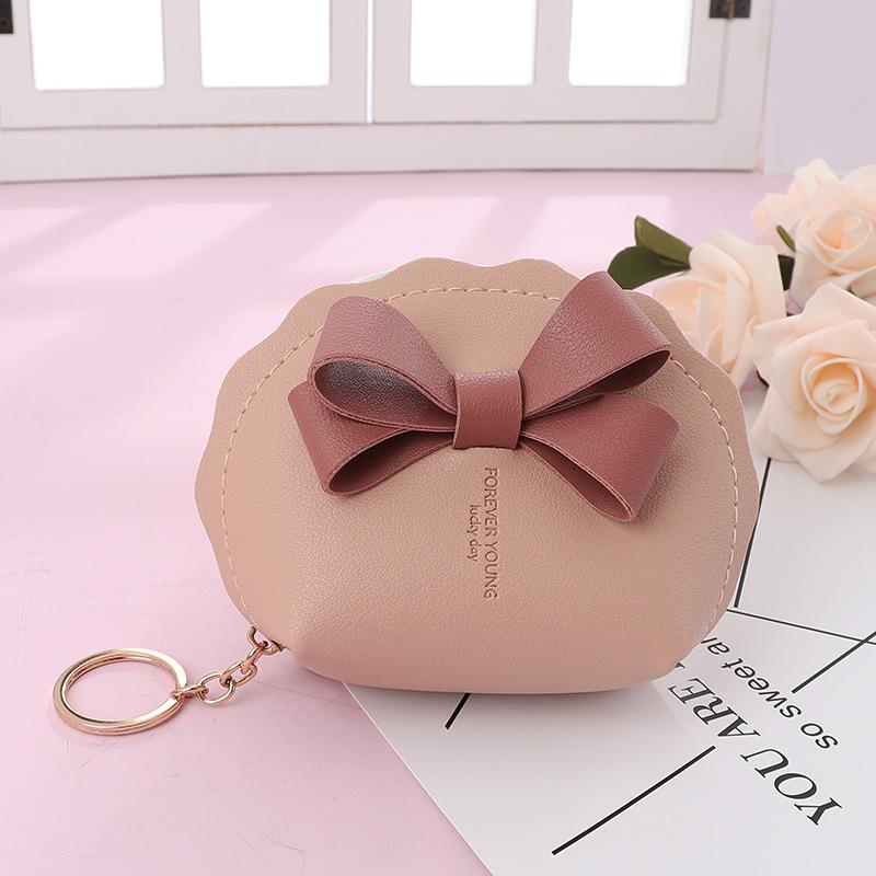 New College Style Bow PU Leather Keychain Mini Wallet Multifunctional Portable Lipstick Coin Storage Bag Zipper Coin Purse
