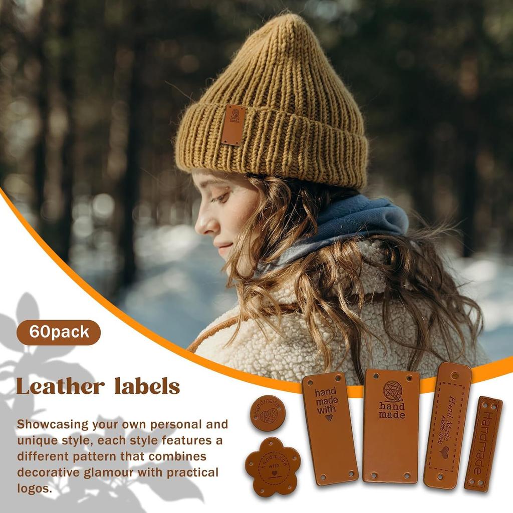 60Pcs Leather Labels Handmade Tags For Clothing Yarn Ball Hand Made Leather Labels Sewing Tags on Hats Knitted Sewing Accssories
