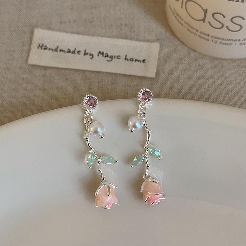 Elegant Pink Rose Zircon Tassel Stud Earrings for Women - High-End Versatile Design