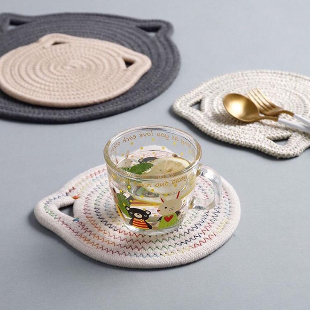 6Pcs Heat Resistant Table Mats with Cute Cats Ear Design for Pot and Bowls Washable Fabric Braided Cotton Cup Coasters