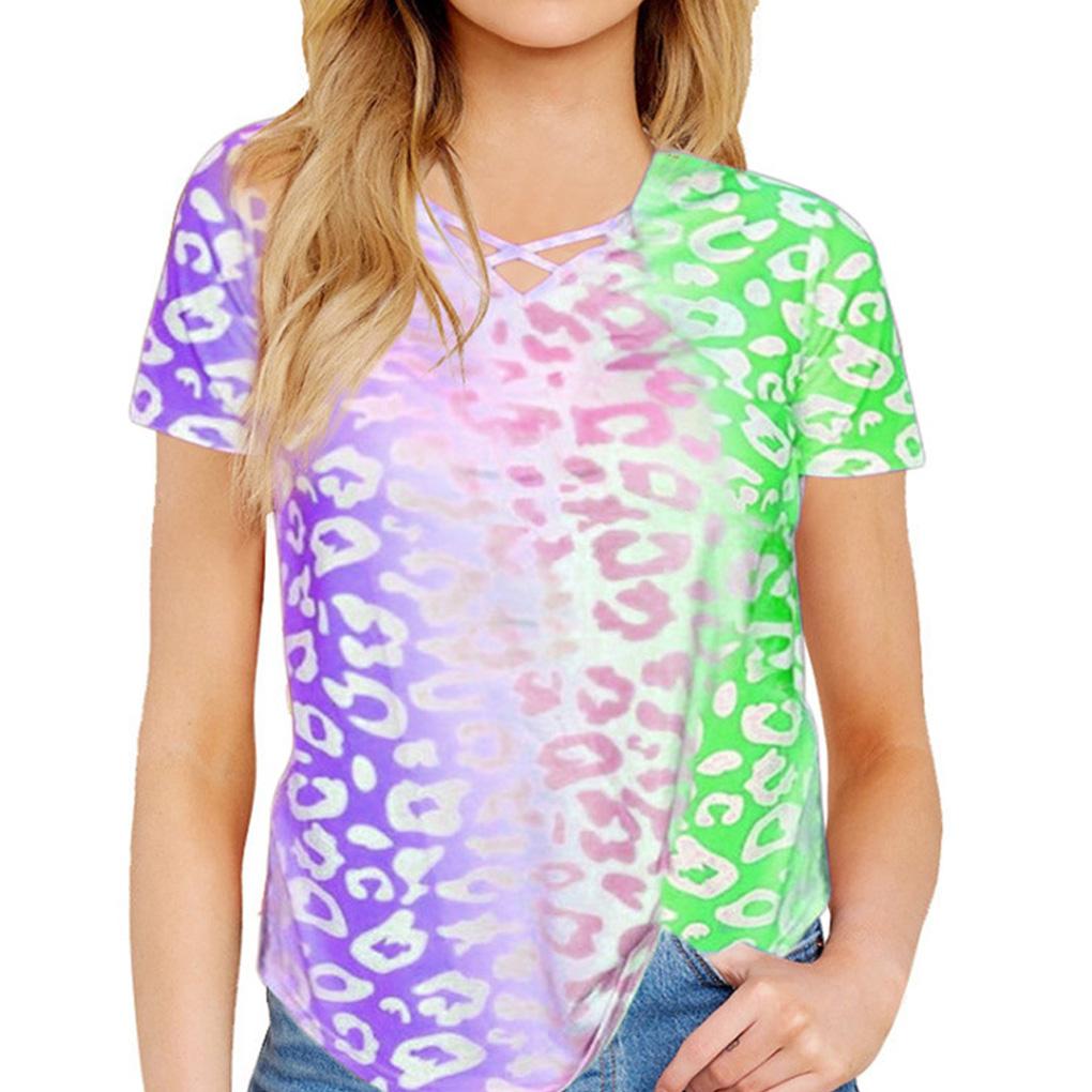 Women Tie Dyed Leopard Printed V Neck Short Sleeve Shirt