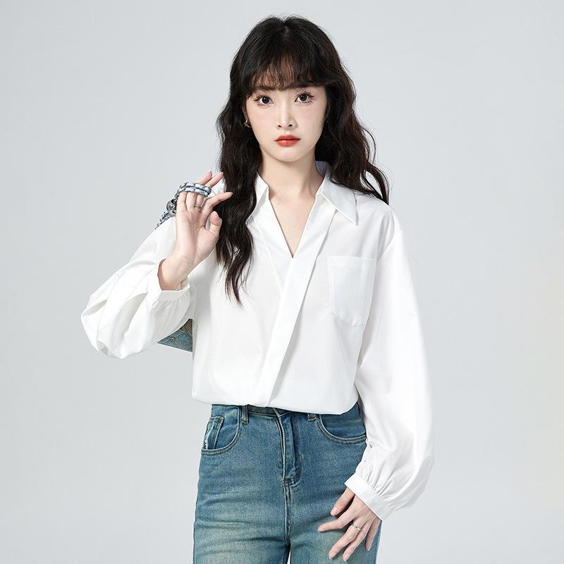 Women s V-Neck Long-Sleeve White Shirt - Spring 2026 Professional Design for Interviews Small белый