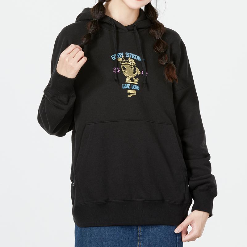 Puma Oversized Graphic Hoodie With Drawstring Women Tops Black 537633-51