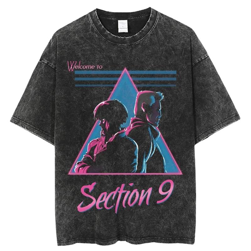 Modisches Ghost in the Shell Anime-T-Shirt mit verwaschenem O-Ausschnitt und kurzen Ärmeln für Damen, Schwarz, übergroß, lässig, Hip-Hop-Top