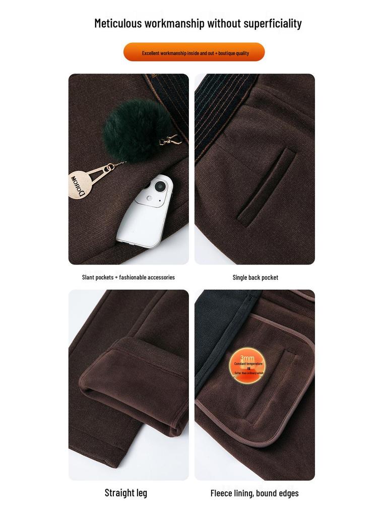 Damen Fleecegefütterte Baguette-Hose: Lässig, Elastischer hoher Bund, Übergröße, Warmes gerades Bein für Herbst/Winter
