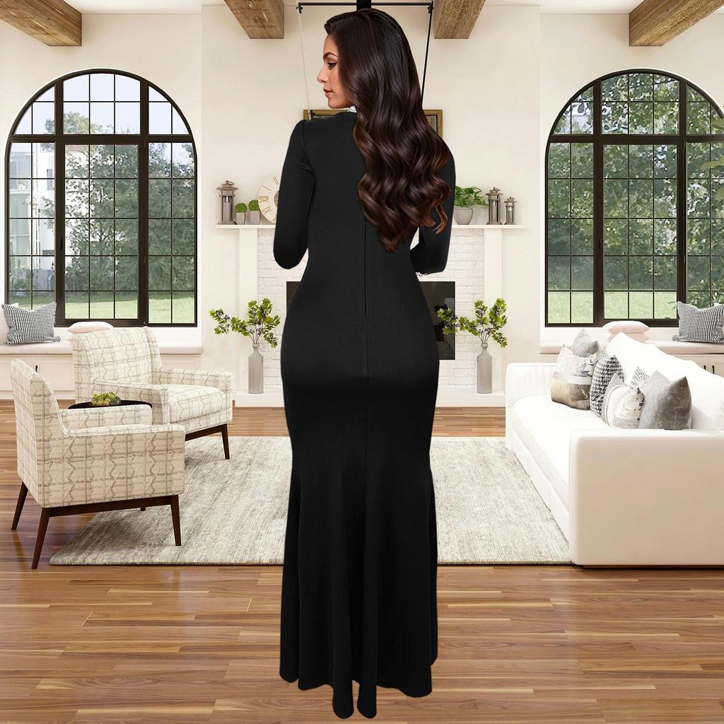 C7271 Women's Fashion Solid Color Long Sleeve Slit Dress with Hot Drilling