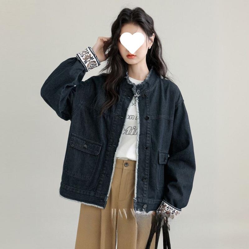 Dżinsowa kurtka z kołnierzem stójką Retro na wiosnę/jesień 2025 - Stylowa luźna, krótka w stylu hongkońskim dla kobiet