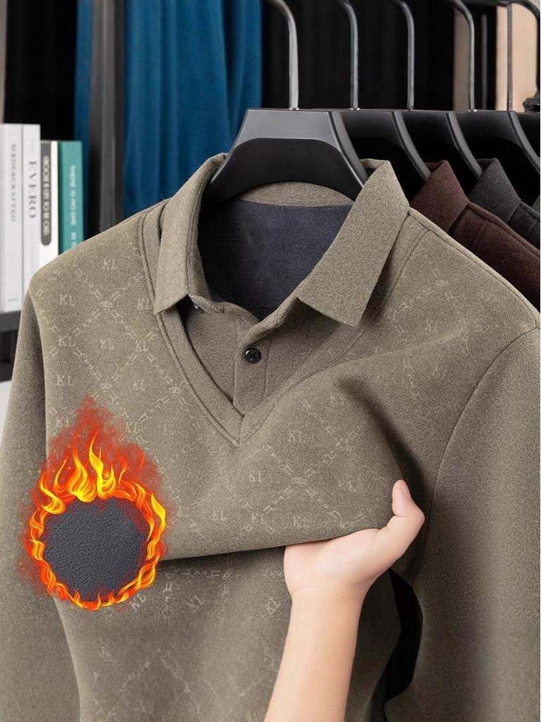 Fleece-Lined Two-Piece Lapel Polo Shirt: Men's Warm Autumn/Winter Casual Print Top