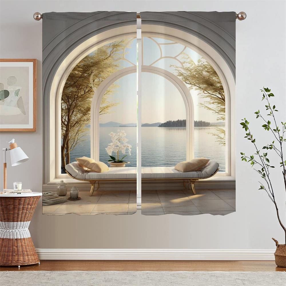 European Arch With Sea View Kitchen Curtain Tiebacks Elegant Room Curtains 2 Pcs Set Tulle for Living Room Decoration Blinds