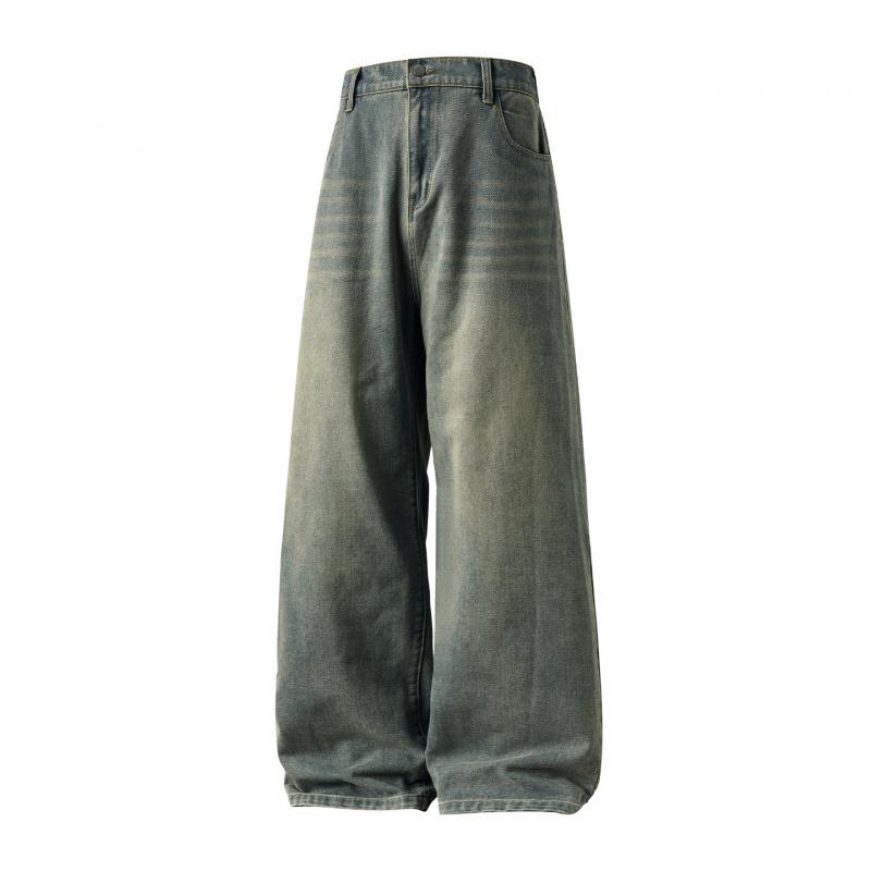 Washed distressed straight loose-fit men's jeans, new four-season vintage silhouette, trendy casual long pants