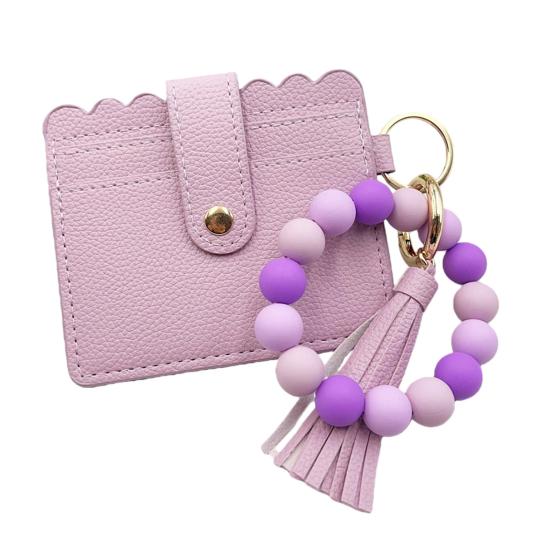 Silicone Bracelet Keychain Wallet Beaded Wristlet Credit Card Holder with Tassel Slim Card Wallet with ID