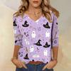Women’s Casual V Neck Top with Three Quarter Sleeves and Halloween Themed Cat and Skull Floral Print for Everyday Wear