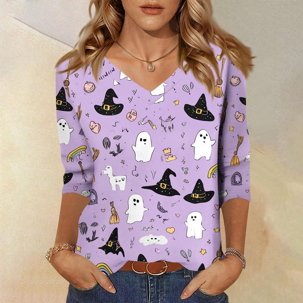 Women’s Casual V Neck Top with Three Quarter Sleeves and Halloween Themed Cat and Skull Floral Print for Everyday Wear