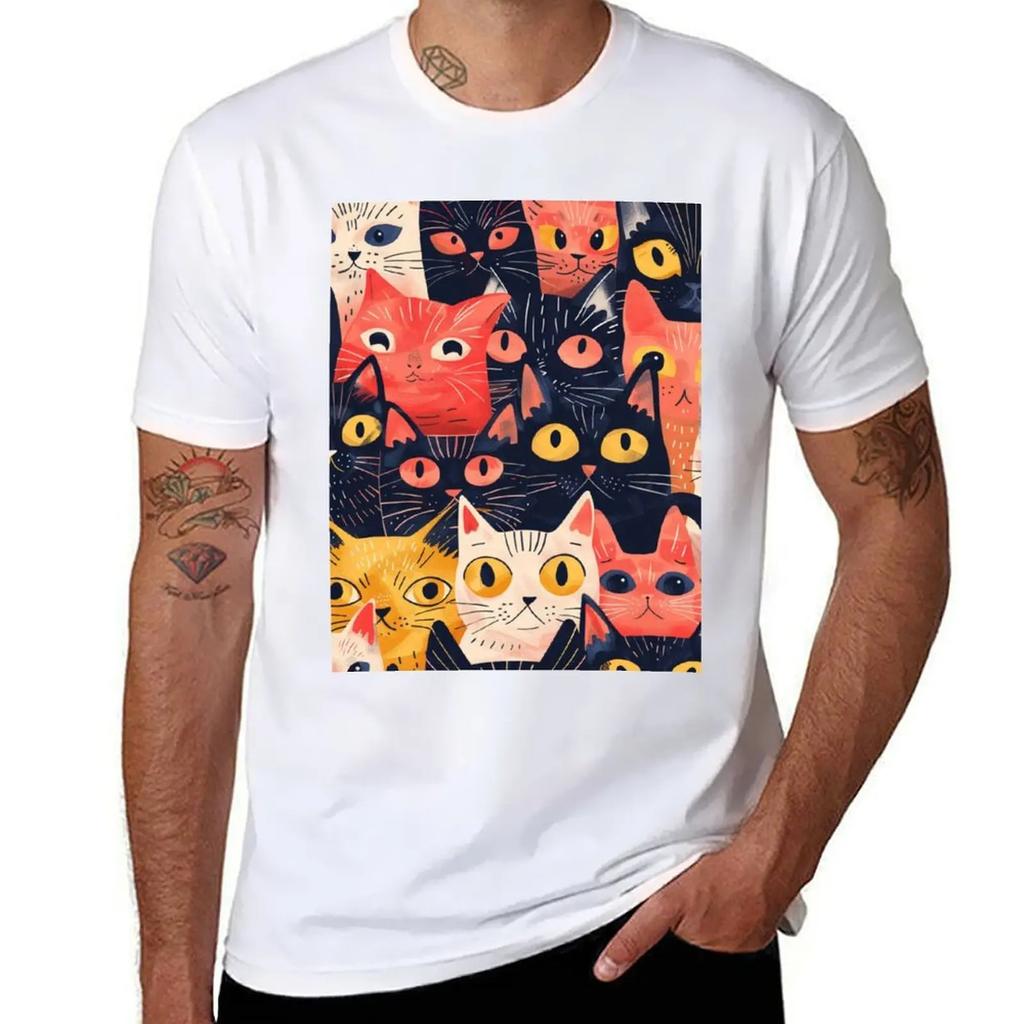 2026 new style mens summer shortsleeved highquality retro artistic style cute cat pattern loose trendy retro Tshirt