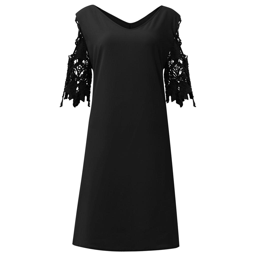 Fashion Women Color V-Neck Off-Shoulder Dress Casual Loose Piece Dress