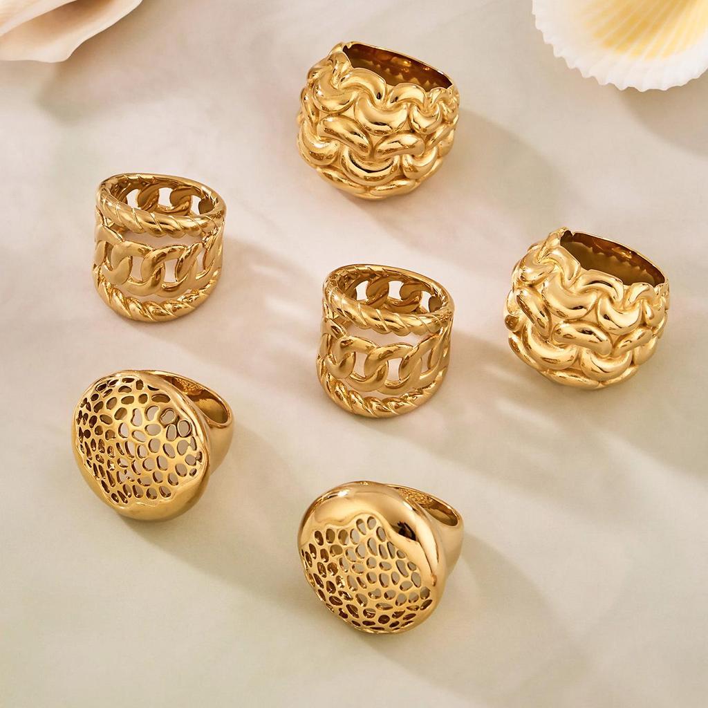 18K Gold Plated Stainless Steel Hollow Ring – Exaggerated Design, Fashionable, Versatile European & American Jewelry
