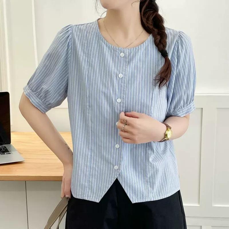 French Striped Short Sleeve Shirt Women New Small Short Top Loose Retro Cardigan