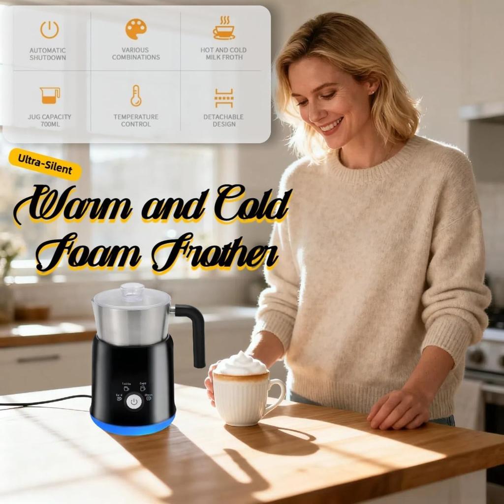 700mL Electric Milk Frother and Steamer, Hot & Cold Foam Maker for Lattes, Cappuccinos & Macchiatos with Auto Shut-Off, Frother Jug for Coffee