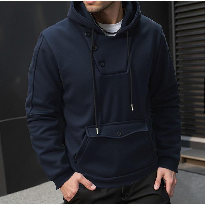 Men S Button Design Hooded Pullover Sweatshirt Solid Color Slim Fit Big Pocket