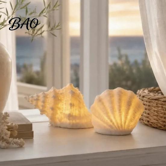 Safe Midnight Navigation Conch Shell Night Light, Resin LED Lamp with Auto Timer, Light for Bedroom Beach Theme Decorative Lighting Coastal