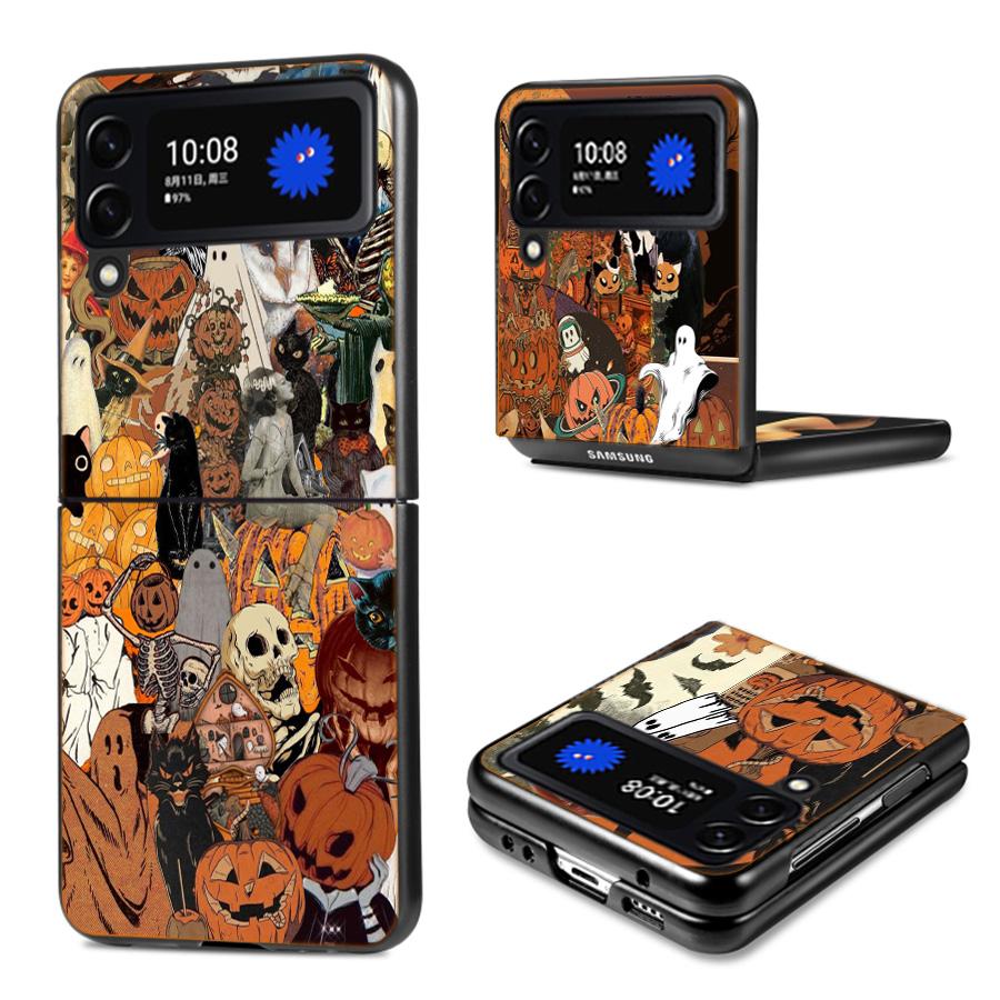 Halloween Herbst Kunst Hexe Katze Handyhülle Für Samsung Z Flip 7 6 5G Galaxy Z Flip4 Z Flip5 Z Flip3 Hülle Schwarze Harte PC Schale Prote