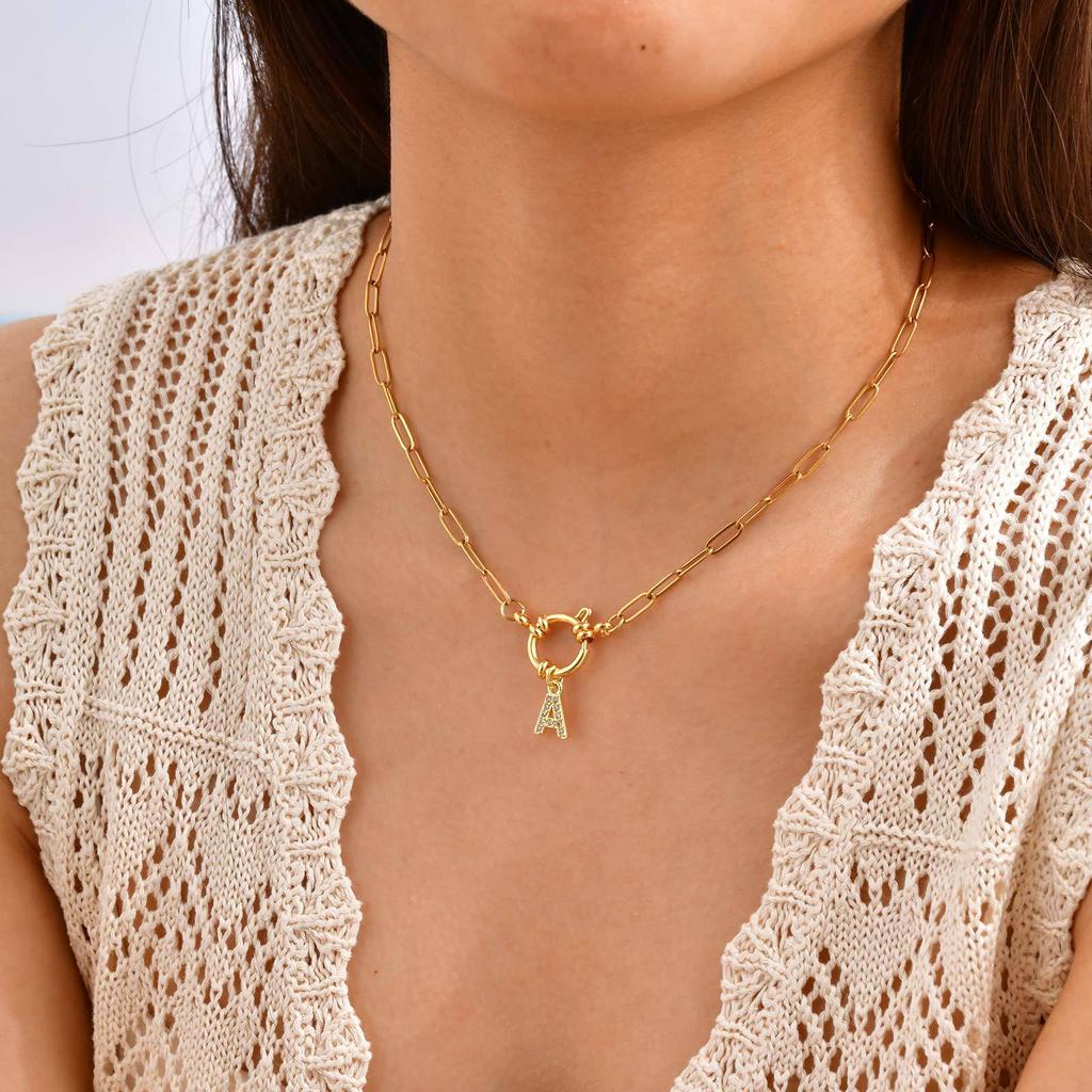 Stainless Steel Plated 18K Gold Stylish Simple Small Square Chain Bubble Buckle Copper 26 Letter Necklace Nc-1887