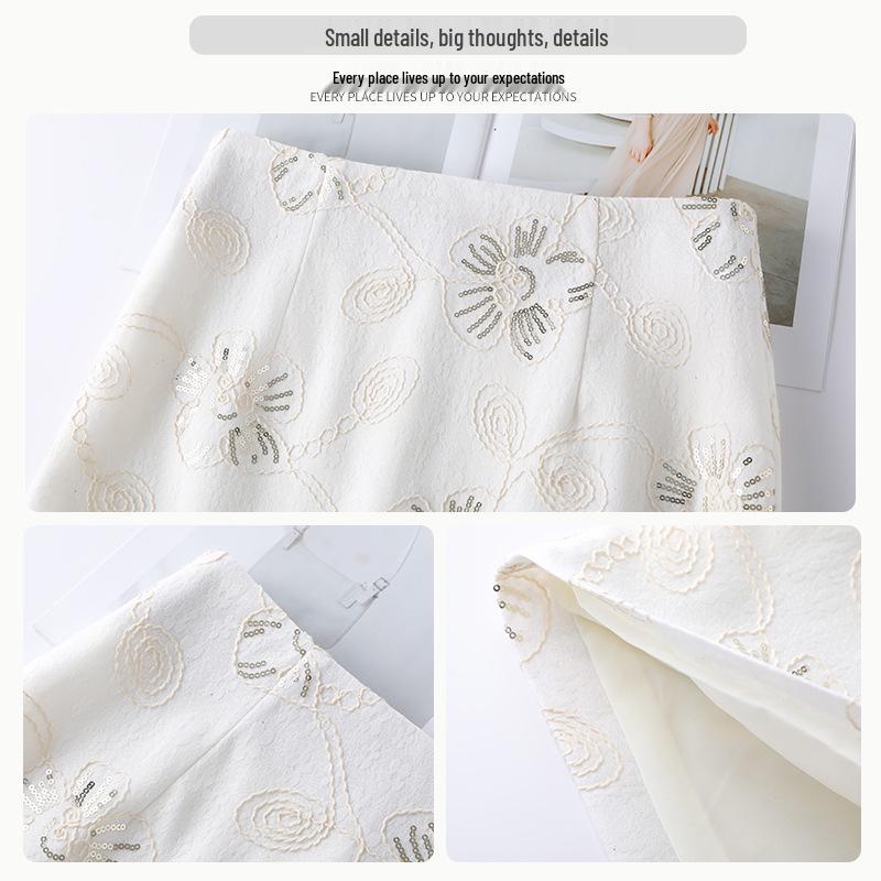 2026 Women's Retro High-Waist A-Line Skirt with French Embroidery and Back Slit