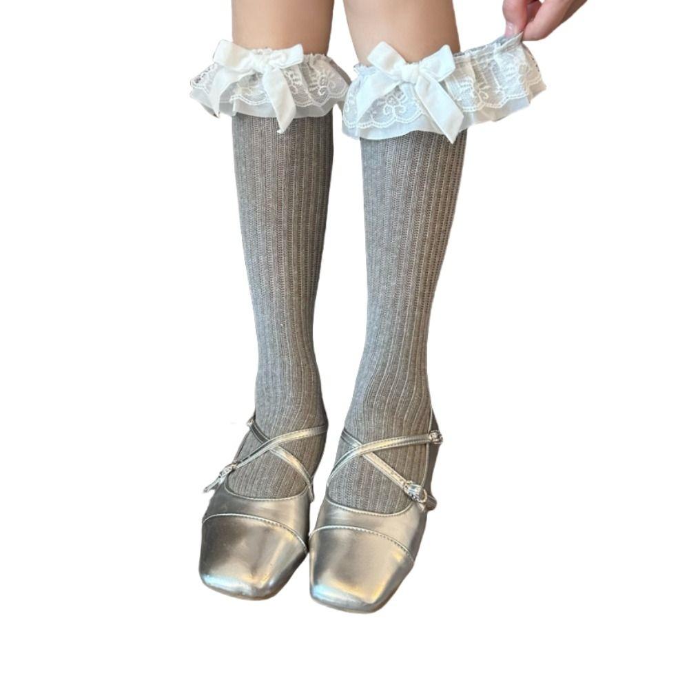 Loose Knitted Mid Calf Socks Bowknot Women Stockings Fashion Lace Ruffle Socks  Uniform
