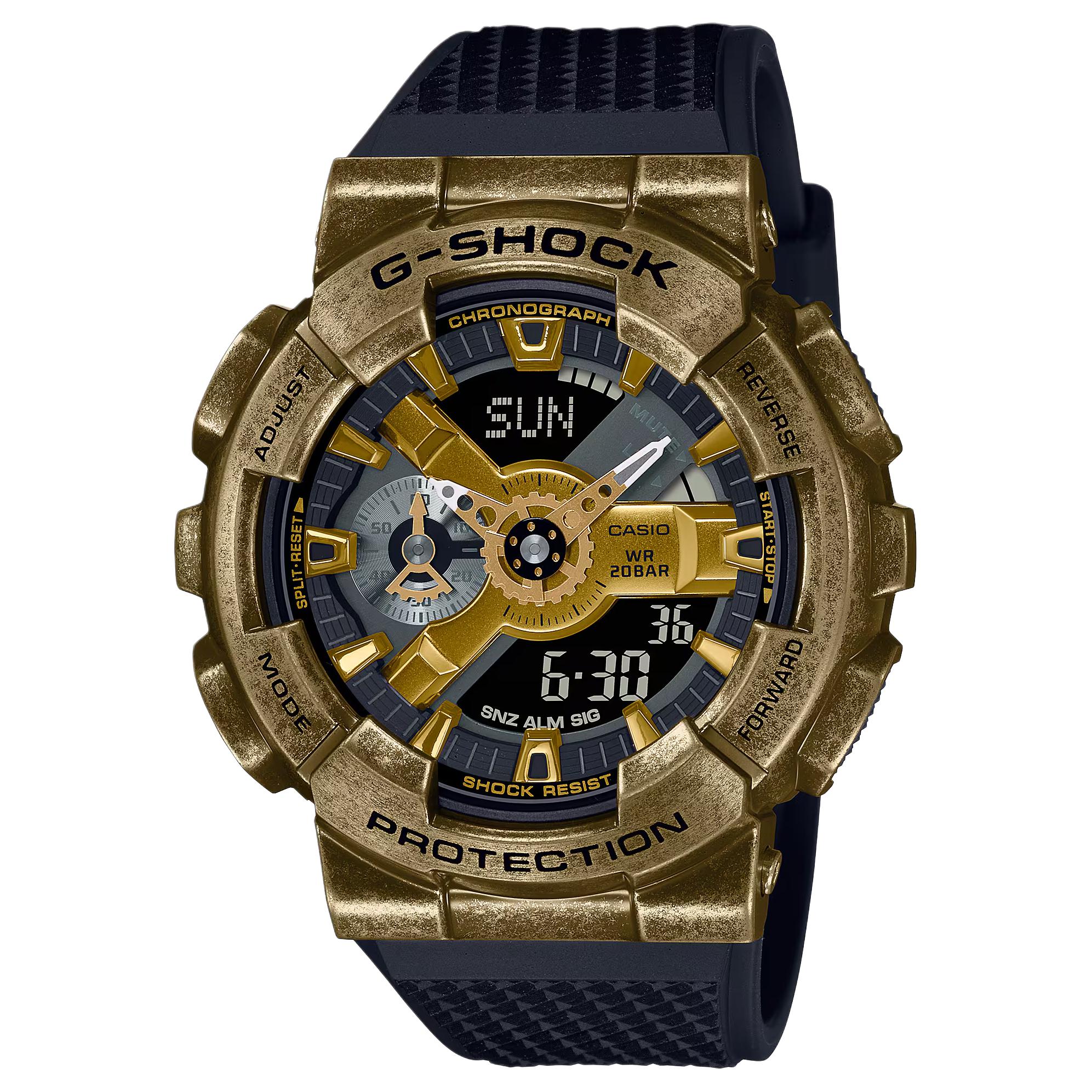 Casio LCD/Analog Dual Display Series 200M Waterproof Calendar Quartz Movement Resin Strap Men watches Gold GM-110VG-1A9 Time Warrior, Custom Collaboration Trendy Toy Box