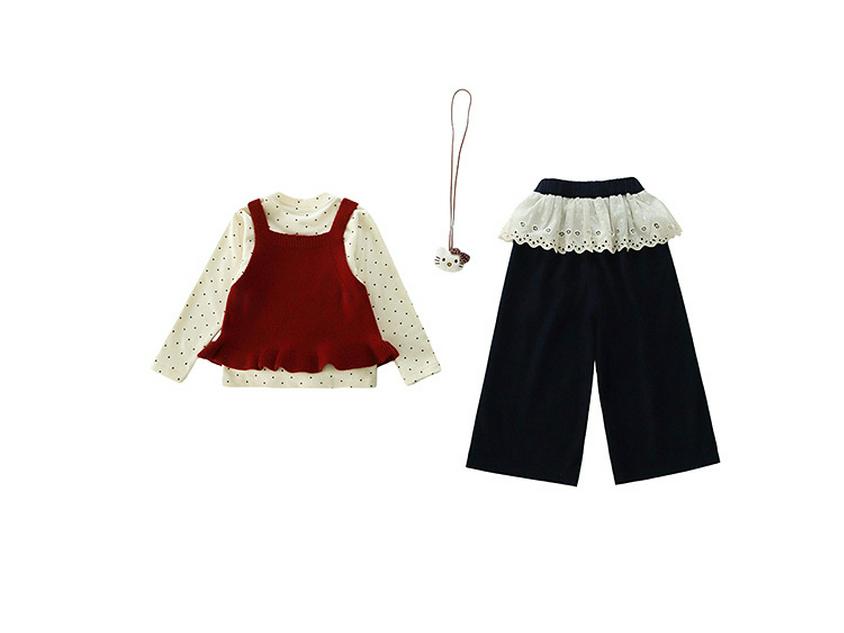 Girls' Fashionable Three-Piece Set: Knitted Vest, Polka Dot Shirt & Wide-Leg Pants for Spring/Autumn