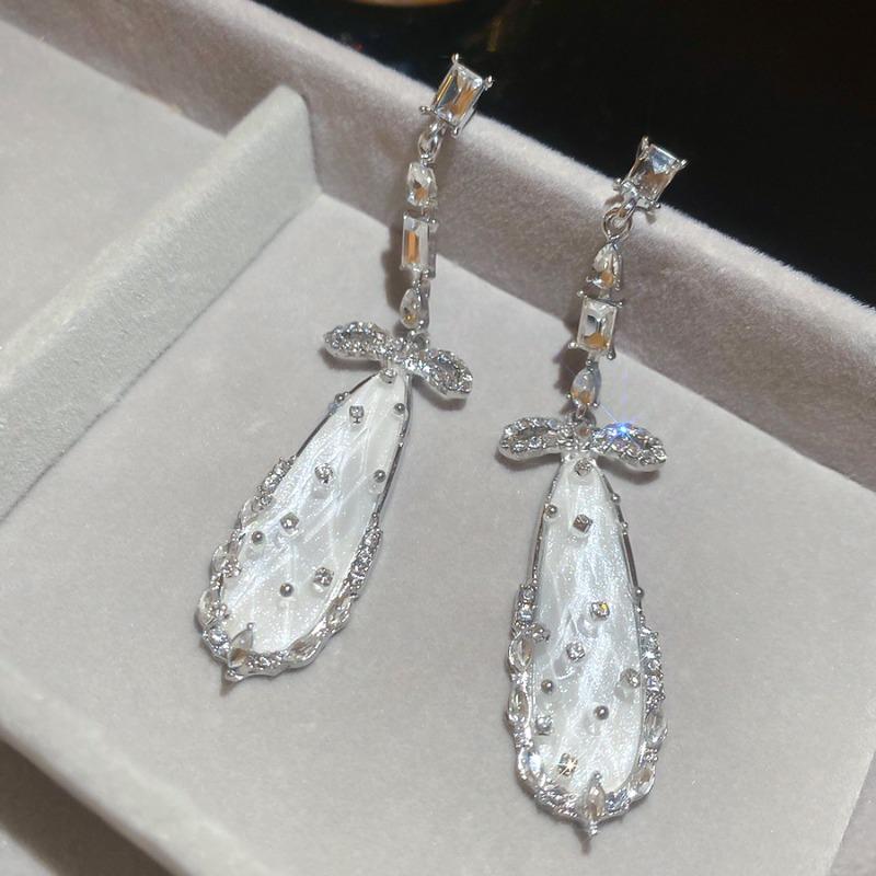 Silver Needle Zircon Bow Water Drop Earrings Cold Style Fashion Elegant Earrings Earrings Light Luxury Premium Earrings Women