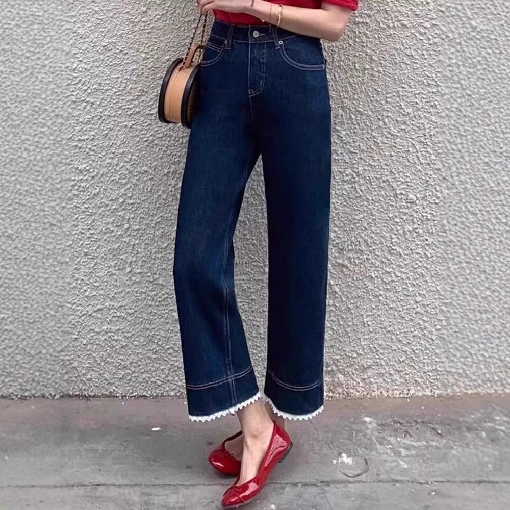 Lace Trim High Waist Petite Straight Leg Jeans for Women - Spring/Summer 2025 Collection