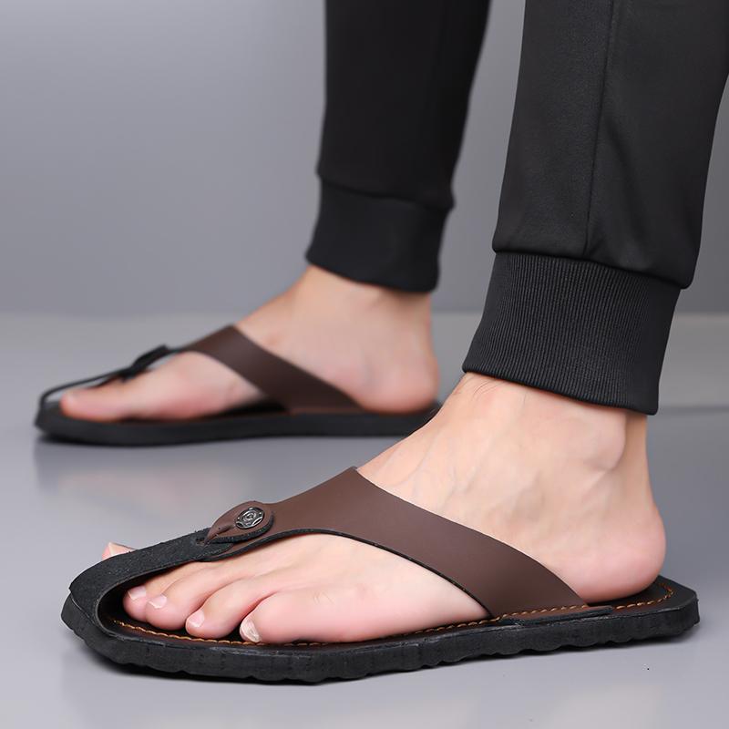 Herren Schwarz Leder Pantoffeln Einfache Flache Sommer Weiße Flip-Flops Outdoor Sandalen Braun Offene Zehen Strand Schuhe Übergröße