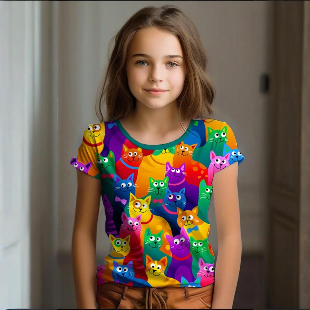 Girl Clothes Summer Cartoon Cat Graphic Children's Clothing  Doodling Short Sleeve O-Neck Top