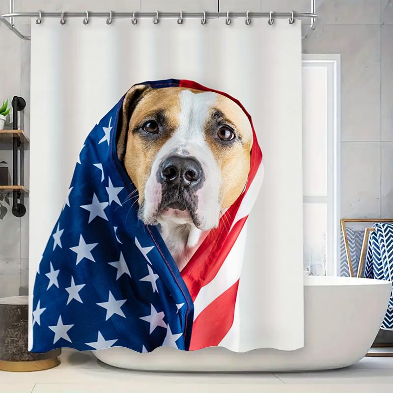 

USA Style Dog Printed Shower Curtain Blue White Red Stars Stripes Home Decor Bathroom Waterproof Fabric Personalized Gift Decora 90x180cm