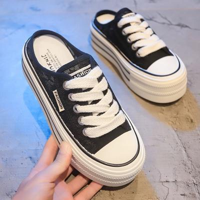 Baotou Slippers Women's Summer Wear 2025 New Canvas Shoes Without Heel Versatile Lazy Half Drag Thick Soles Ins Tide