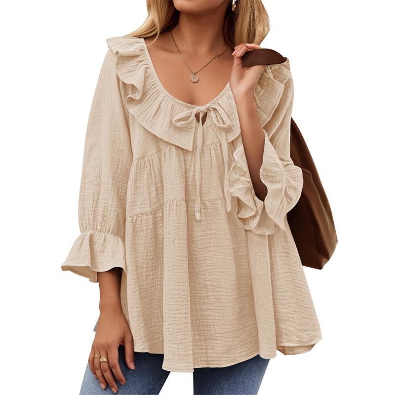 Women V Neck Cut Out Tie Detail Ruffled Bell Sleeve Blouse Multi Colors Casual Top L абрикосовый