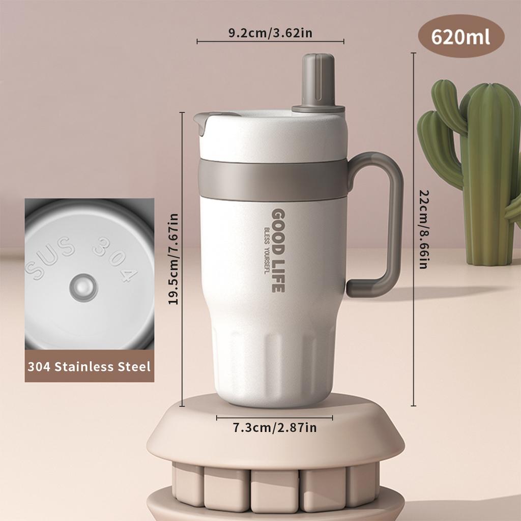 620Ml Large Capacity Thermos Cup With Straw 304 Stainless Steel Double Wall Coffee Mug Portable Sealed Water Bottle For Student